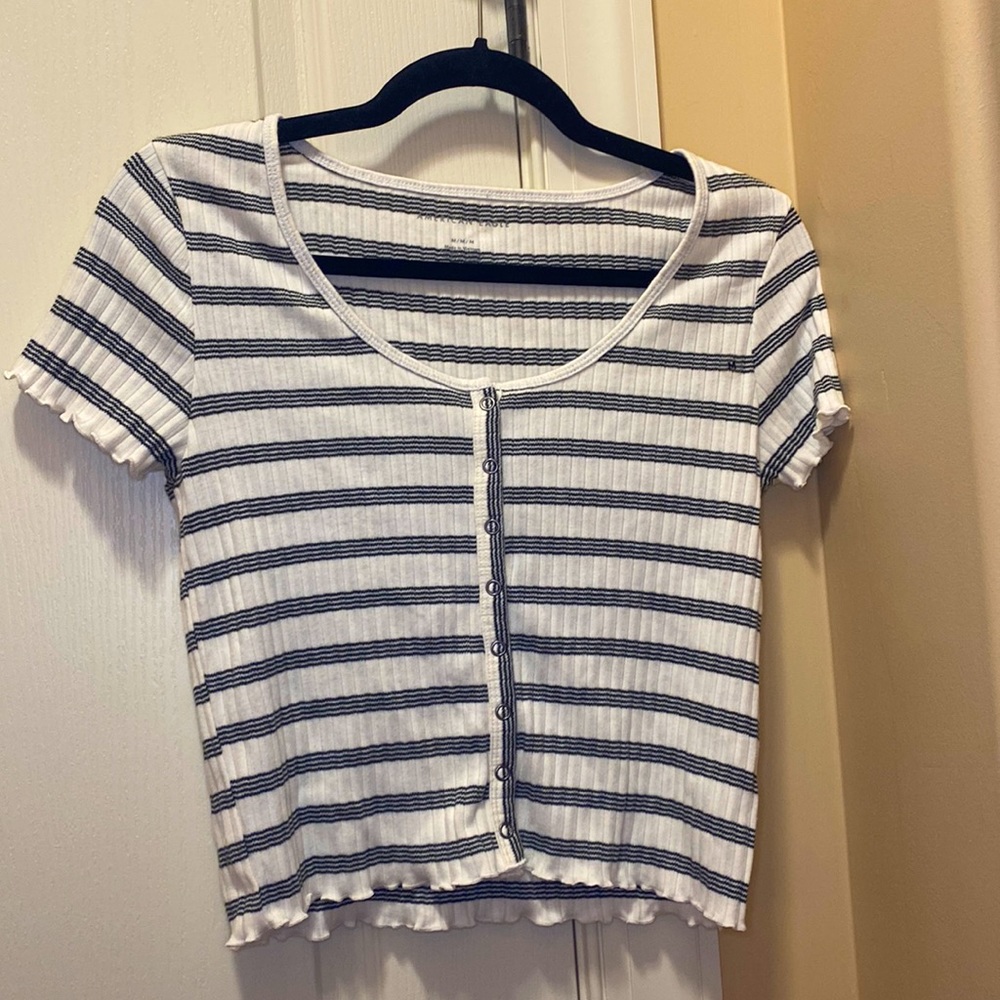 Black and white striped button-down crop top